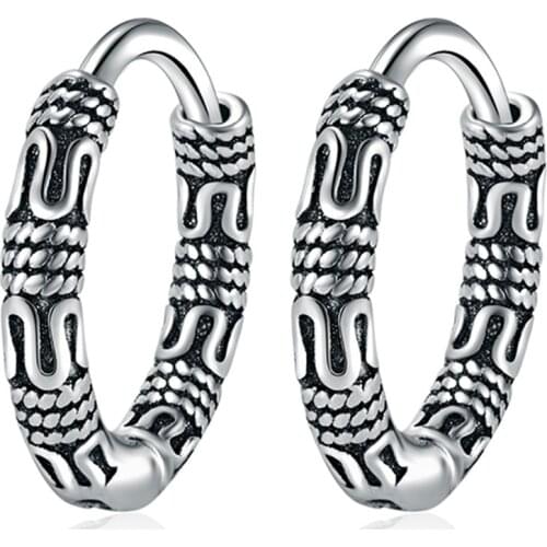 Black Vintage Cool Big Round Huggie Indian Boho 925 Sterling Silver Hoop Earrings For Men Women Trendy Thick Jewelry