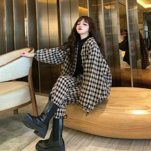 Luck A Two Sets New Style Literary Vintage Loose Frog Buckle Plaid Brushed Thickened Set Casual Street Autumn Winter Warm Suits