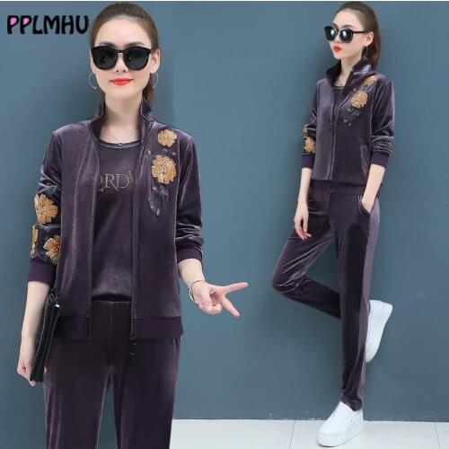 L-5XL moms velvet three-piece suit female spring autumn embroidery zip sweatshirt casual short sleeve tops+coat+pant sports set