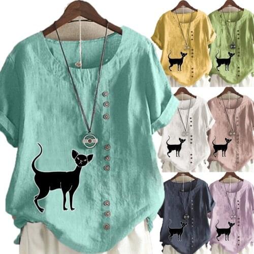 Summer Casual Animal Print Loose T-shirts Vintage Cotton and Linen O-Neck Plus Size Short Sleeve Blouse Tops For Women S-5XL