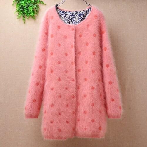 Hot Women femme fashion sweet Mid-length pink polka dot mink knitted long-sleeved round-neck slim jacket coat winter mantle