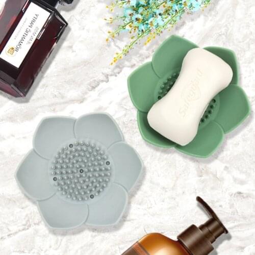 Lotus Shape Soap Box Silicone Soap Dishes Shower Tools Drain Holes Anti-Slip Bathroom Kitchen Sponge Holder Flower Soap Tray