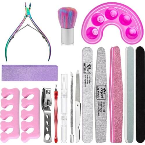 MEET ACROSS 16pcs Manicure Set Nail Art Files Stainless Steel Nail Nipper Dust Brush Nail Cuticle Oil Acrylic Manicure Tool Kits