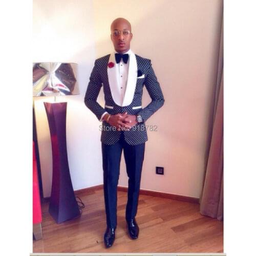 Men Wedding Suits 2017 New Arrival Fashion Navy Blue Dots Jacket With Plain Pant Men Wedding Party Suits Tuxedos Groomsmen Suit