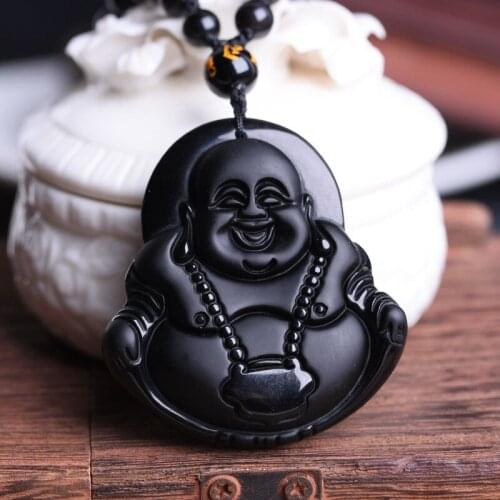 Men Necklace Pendant Black Obsidian Maitreya Laughing Buddha Long Life Lock Buddh Pendant Free Chain for Female Fine Jewelry