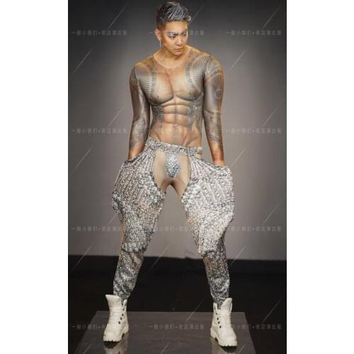 ZWTY Nightclub Men Spandex Elastic Muscle Jumpsuit + Pant Gogo Dancer Costume Rave Clothes Party Bar Stage Costumes DJ Costumes