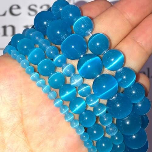 Natural Stone Blue Cat Eye 4/6/8/10/12MM Round Loose Spacer Moon Glass Stone Beads For Jewelry Making DIY Bracelets Necklace 15"