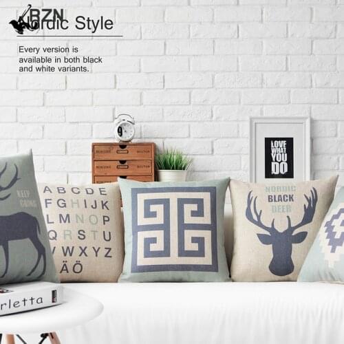 Nordic Elk Pillow Cover Blue Retro Letter Deer Cushion Cover Home Decorative Pillows Linen Pillow Case Office Sofa Cushion Cover