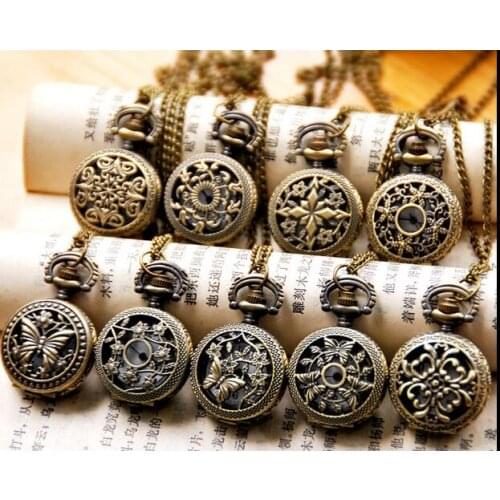 Wholesale Vintage Bronze Small Flower Pocket Watch Necklace, 9 design mixed ,20pc/lot APW004 gift