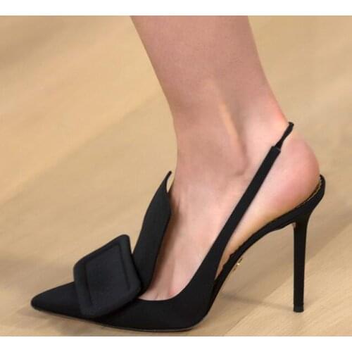 Drop Ship Purple Black Yellow Suede Slingback Square Buckle Pointy Toe High Heel Pumps Woman Cut Out Party Heels Banquet Shoes