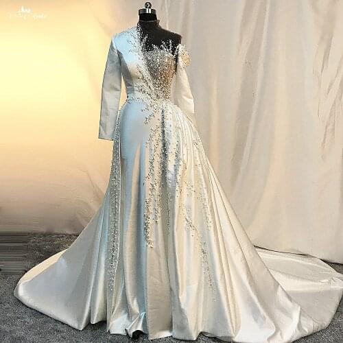 Luxury Satin Wedding Dresses Detachable Train Pearls Beading Elegant Long Sleeves Dubai Bridal Gowns 2020 Latest Wedding Gowns