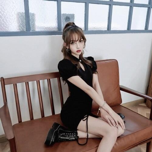 Ruibbit Summer Women Vintage Gothic Dresses Lantern Sleeve Black Slim Sexy Irregular Cheongsam Dress