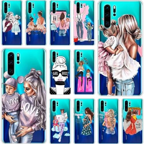 Black Brown Hair Baby Mom Girl Silicone Phone Case for Huawei P50 P40 Pro P30 Lite P20 Pro P8 Lite 2017 P Smart Z 2020 2021