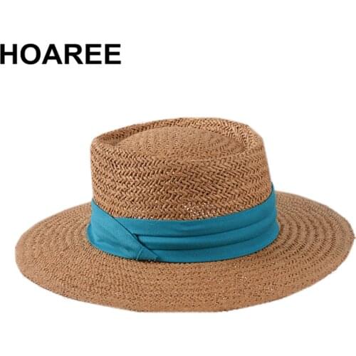 HOAREE Porkpie Straw Hat Women Summer Sun Hats for Women Designer Brand Korean Retro Flat Brim Cap Ladies Beach Panama Hat