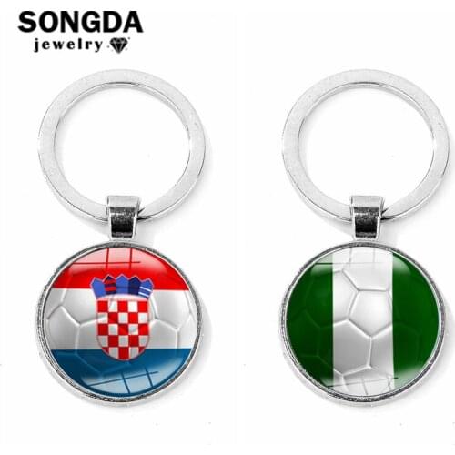 SONGDA High Quality Metal Croatia/Nigeria Flag Glass Dome Football Keychain Car/Handbag Key Ring Soccer Club Fans Souvenir Gifts