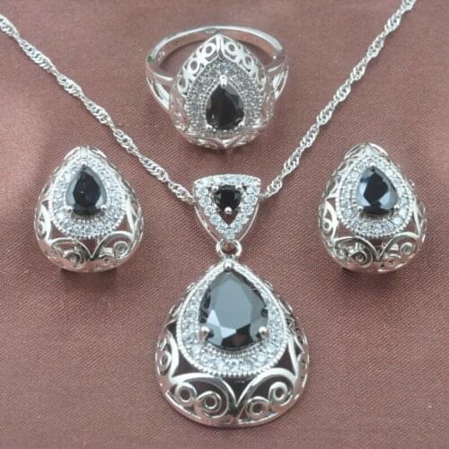 Bridal jewelry Black Zircon Womens Jewelry Sets Wedding Jewelry Necklace Pendant Earrings Ring Free Gift Box TZ0212