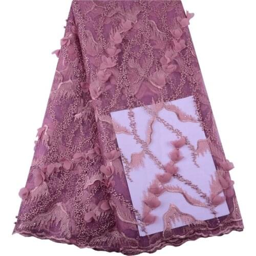 Onion Color Tulle Lace Fabric Pearls Lace Applique Fabric For Wedding DIY Dress African 3D Flower Lace Fabric High Quality F1446