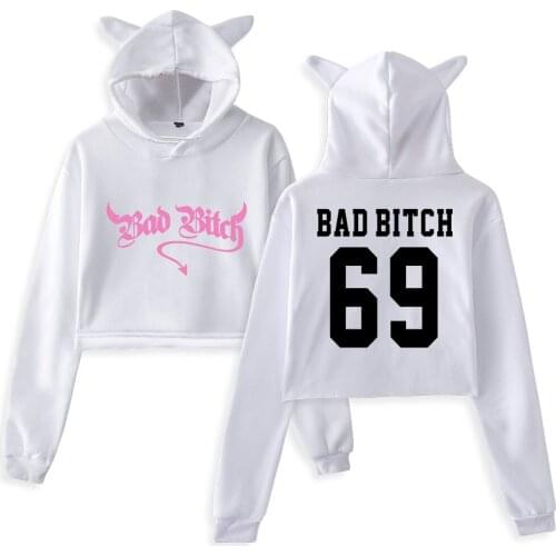 Nikita Dragun Printing Cat Cropped Hoodies Girl Long Sleeve Hooded Pullover Crop Tops Sexy Loose Ins Tide Hip Hop style