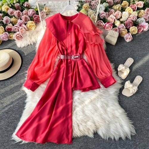 Spring Autumn Womens Dress Korean Solid Color Round Neck Chiffon Irregular Dress New Slim Loose Long Sleeve Dresses GX498
