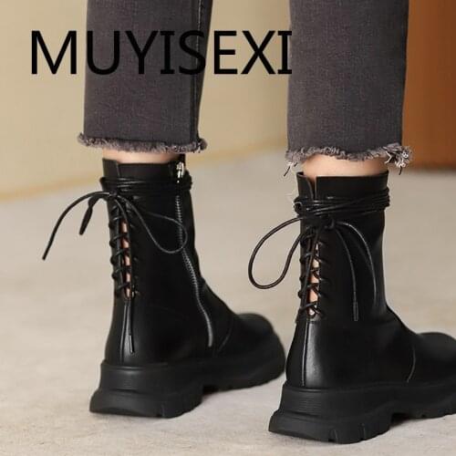 5cm med heel genuine leather vintage platform round toe cross-tied lace up zip punk warm internet star ankle boot LDI26 MUYISEXI