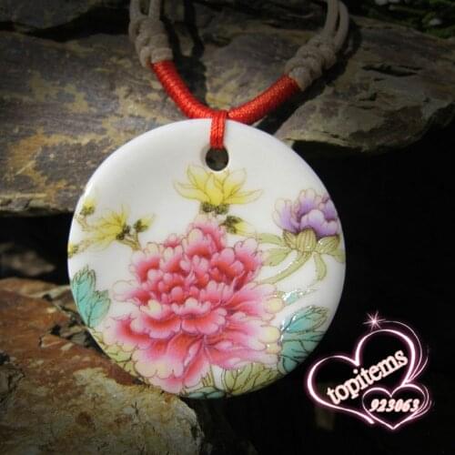 Vivid Peony Flower Ethnic style Handmade Round Ceramic Pendant Adjustable Knitted Rope Necklace For women