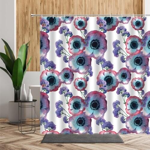 Purple Flower Shower Curtain HandPainted Colorful Lily Rose Bathroom Decoration Waterproof Bath Curtain Bathtub Screen With Hook