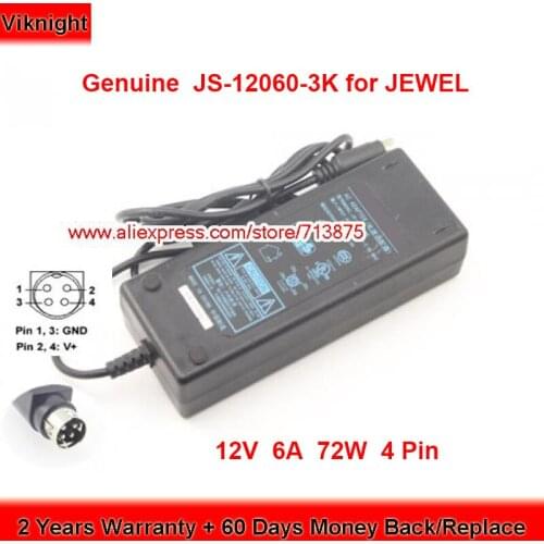 Genuine S-12060-3K 72W Charger 12V 6A AC Adapter for JEWEL Round With 4 Pin Tip Power Supply