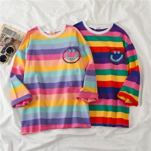 Long Sleeve O-Neck T-Shirt Women Rainbow Striped New T-Shirt Female Korean Loose Oversize Shirt Plus Size Top Fashion Casual Tee