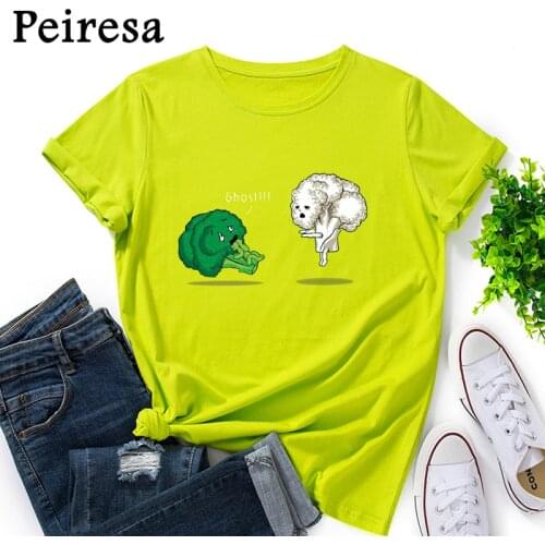 PEIRESA Oversized T-shirt Summer Cotton Women T Shirt Broccoli Print Short Sleeve Graphic Tee Tops Casual O-Neck Kawaii TShirt