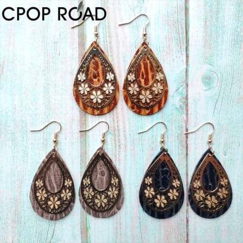 Cpop Vintage Embossing Cowhide Leather Earrings for Women Boho Metal Accessories Textured Western Style Leather Earrings Jewelry