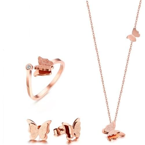 Women Jewelry Set Butterfly Necklace Ring Earrings Rose Gold Zircon Charm Matte Finished Female Gifts