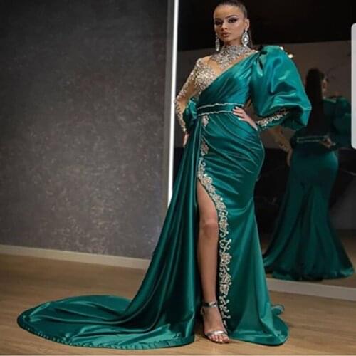 Women Long Satin Formal Evening Dresses One Shoulder Chapel Train Mermaid Special Occasion Dress Crystal Puff Sleeve Slit Gown
