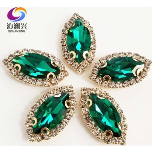 Gold bottom Malachite green Top grade Glass Crystal buckle, Eye shape sew on rhinestones with holes,Diy/jewelry accessories