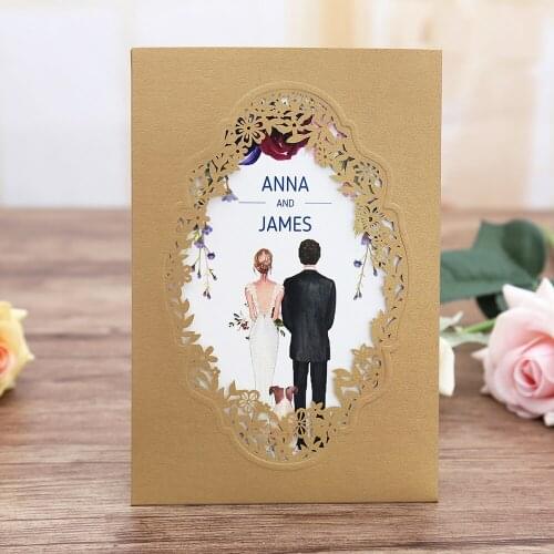 Business 100pcs Gold Burgundy Pink Navy Blue Vertical laser cut Anniversary party wedding invitation