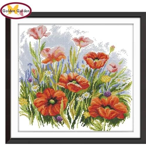 GG Flower Chinese Stamped Cross Stitch Patterns DIY Kits 14CT11CT Needlework Embroidery Sets Counted Cross Stitch for Home Decor