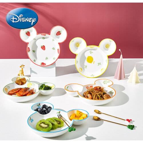Disney Love Me Home Mickey Minnie Childrens Home Cartoon Cute Ceramic Grid Plate Creative Breakfast Dumpling Plate Snack Plate