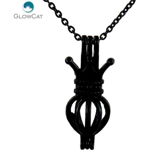 H228 Black Plated 31mm Crown Princess Pearl Cage Necklace 18" Steel chain Aroma Essential Oil Diffuser Locket