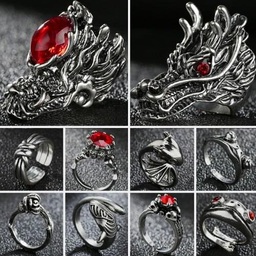 Retro Gothic Rings For Men Women Skull/Dragon/ Frog/Red Crystal/Snake /Crown/Knot Open Size Punk Ring Jewelry Gift Wholesale
