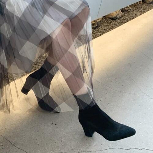 Leather Boots Women Pointed Toe Mid Heel Ankle Boots Thick Square Heel Slip on Western Boots Boots Women 2020 New Size 33-42