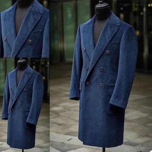 Smoking Blue Corduroy Long Jackets Peak Lapel Formal Tuxedos Costume Loose Vintage Retro Dinner Party Prom Suit Blazer(1 Jacket)