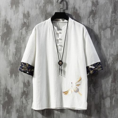 Chinese Style Disc Button Linen T-shirt Mens Summer Short-sleeved Tang Suit Loose Large Size Cotton and Linen T-shirt Japanese