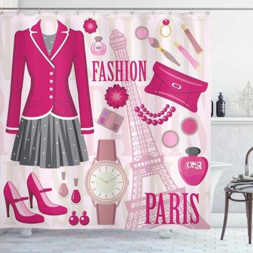 Fashion Shower Curtain Fashion Theme in Paris with Outfits Dress Watch Purse Perfume Parisienne Landmark Bathroom Decor Set