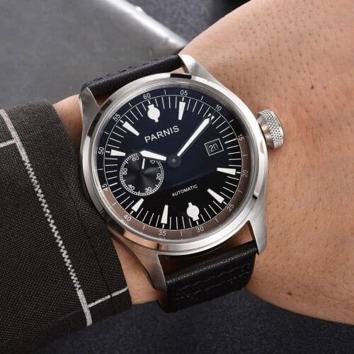 Parnis 46mm Mechanical Mens Watch Black Dial Luminous Waterproof Date Function Leather Strap Mens Automatic Watch
