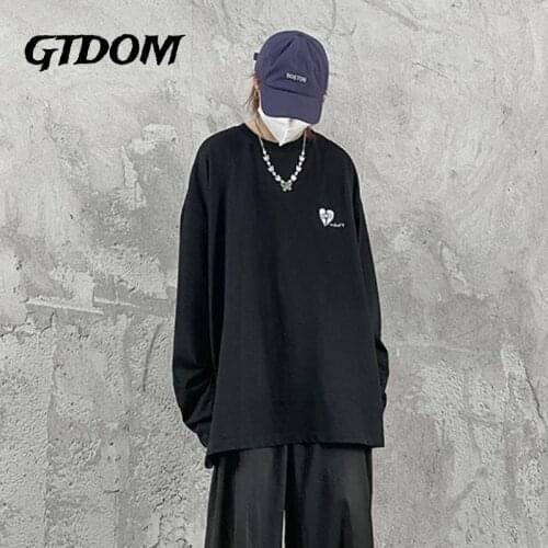 GTDOM Men 2021 Autumn New Cotton Loose Casual T-shirts Dark Hip Hop Simple Heart Patch O-Neck Long Sleeve Tees and Tops