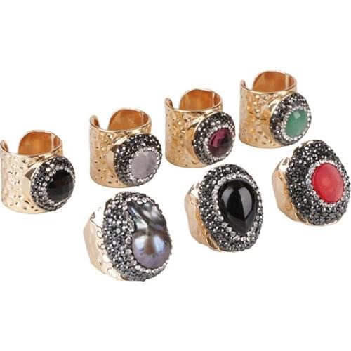 2019 New Design Golden Metal Alloy Rhinestone Angular Agates Precious Stone Jewelry Accessories Open Cuff Rings For Women Men