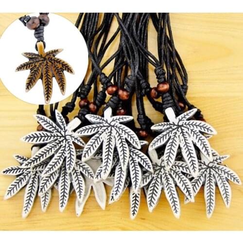 Wholesale 12pcs Imitation yak bone carved maple leaf charm pendants necklaces adjustable rope gifts XL49