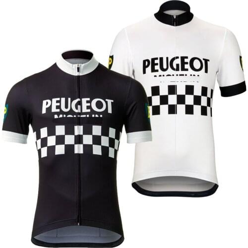 PEUGEOT Retro Cycling Jerseys Black/White Top Short Sleeve Road Bicycle Clothing MTB Bike Wear FULL ZIP