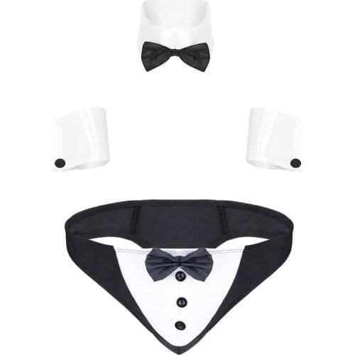 Sexy Mens Tuxedo Panties Men Roleplay Costume Lingerie Set Triangle Bowknot Buttons Briefs Underwear with Collar Cuffs Costume