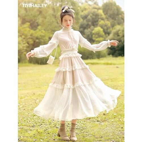 TIYIHAILEY Free Shipping Boshow Women Long Maxi Long Lantern Sleeve Spring S-L Chiffon Big Hem Ruffles Stand Collar Dresses