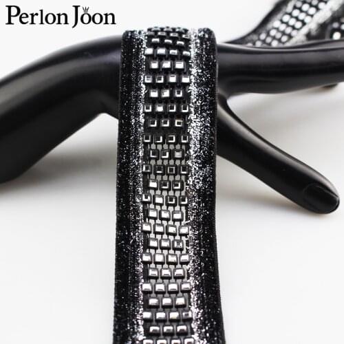 1 yard 1.3cm Black Mesh Rhinestones webbing trim Glitter Sewing Crystal lace for Dress Sleeves, pants hollow out design NET05